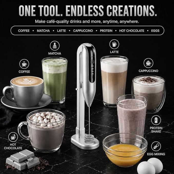 GOCHA Rechargeable Milk Frother, USB-C Electric Milk Foamer Handheld, Double Spring Whisk, 2-Speed Foam Maker for Coffee, Latte, Cappuccino, Matcha, Hot Chocolate, Stand Included (Silver)