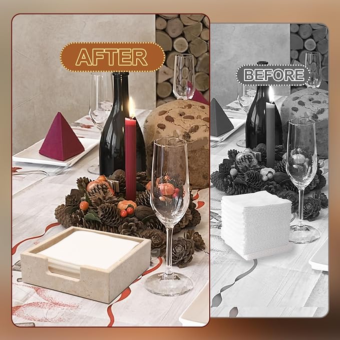 Cocktail Napkin Holder,Travertine Stone Napkin Holders Fit for 5”x5” Cocktail-Sized Napkins,Stone Napkin Holder for Table Kitchen Counter Dining Room Party Bar Decor,Beige