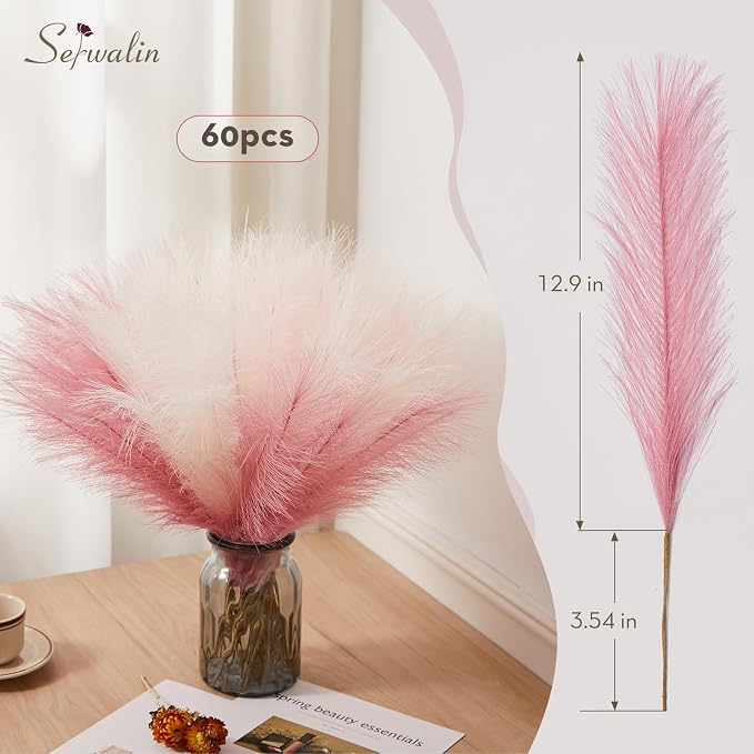 Serwalin 60 Pcs Pampas Grass, 17.7" Pink Pampas Grass Decor, Faux Pampas Grass Home Decoration Wall Decor Vase Filler for Wedding Centerpieces Party Decorations, Pink Valentines Decor