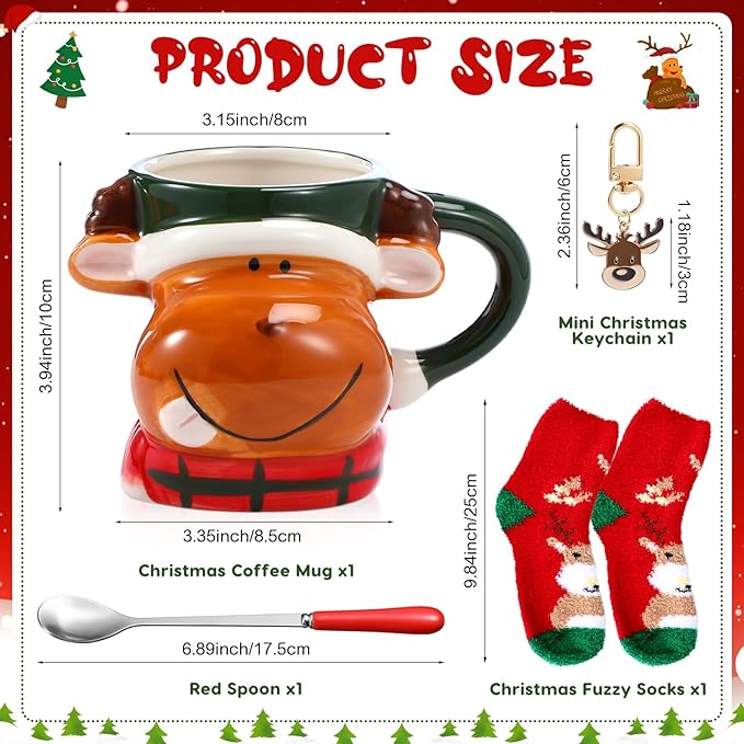 Sliner 4 Pcs Christmas Reindeer Mug Gift Set 17 oz Ceramic Reindeer Coffee Mugs with Red Spoons Cute Funny Christmas Fuzzy Socks Mini Keychains for Women Men Adults Coworker Birthday Xmas Present