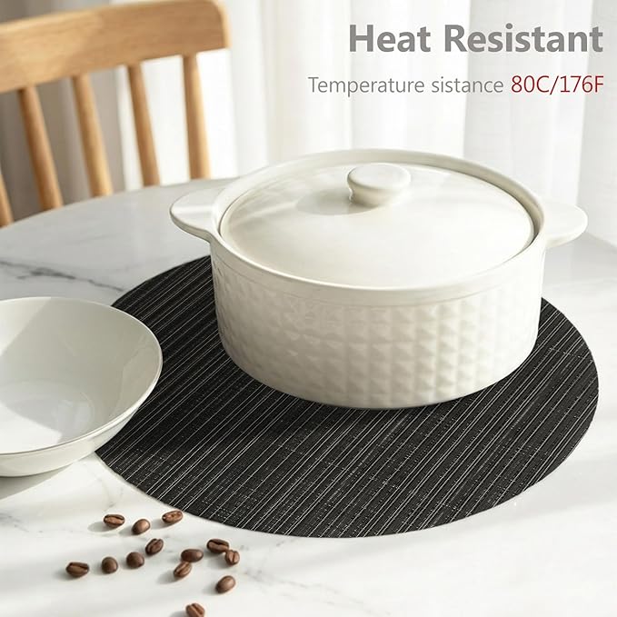 AHHFSMEI Round Placemats Set of 6 Woven Vinyl Non-Slip Heat Resistant Stain Resistant Easy Clean Place mats for Dining Table(Black)