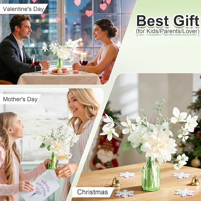 Faux Flowers with Vase,Small Artificial Silk Roses in Vase, Fake Plant Eucalyptus Flower Arrangement for Home Office Decoration, Living Room and Dining Table Centerpiece