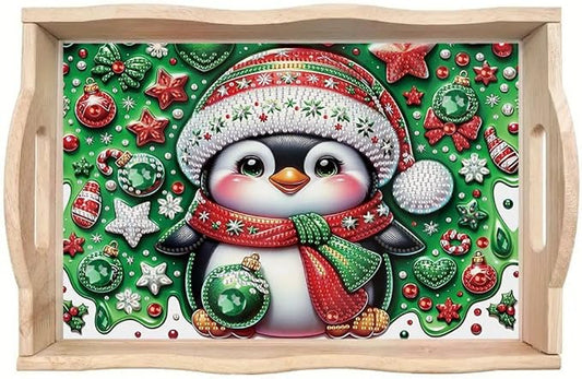 DIY Diamond Serving Tray Rectangular Breakfast Tray with Handle Handmade Diamond Art Painting Wooden Tray for Dinner Plate Coffee Room Living Home Organizer-Penguin