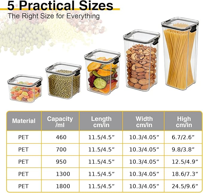 5 Piece Airtight Food Storage Containers Set, Food Grade BPA Free 1800/1300/950/700/460ml Leak Proof Stackable Canisters, Clear Storage Jars for Pantry Kitchen Dry Food Flour Spice Organization