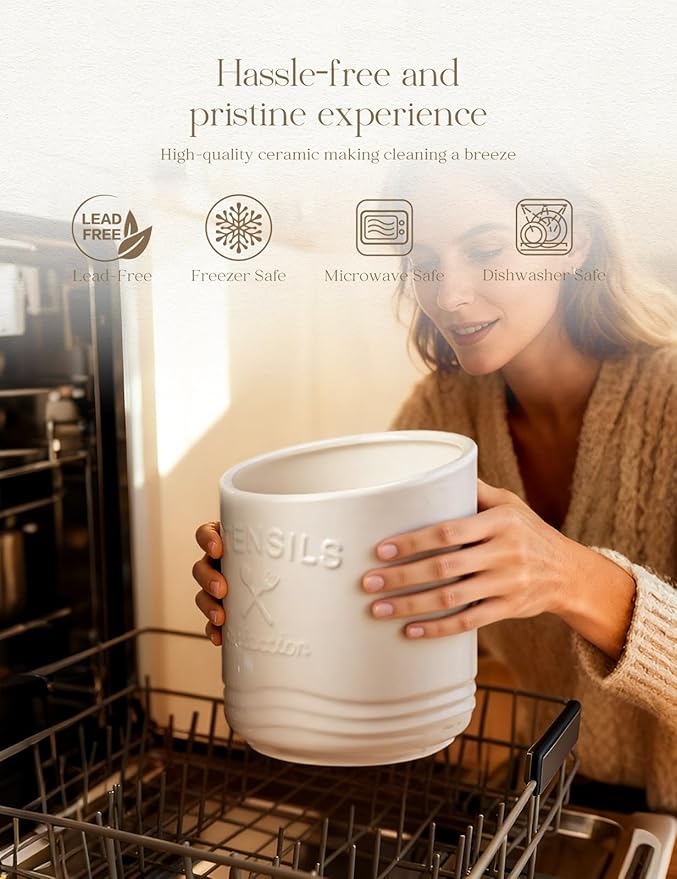 AISBUGUR Large Ceramic Utensil Holder: 7.5" H×6.3" W with Slanted Mouth - Utensil Crock with Non-Slip Cork Base for Kitchen Counter, Ideal for Decor & Gift,white utensil holder