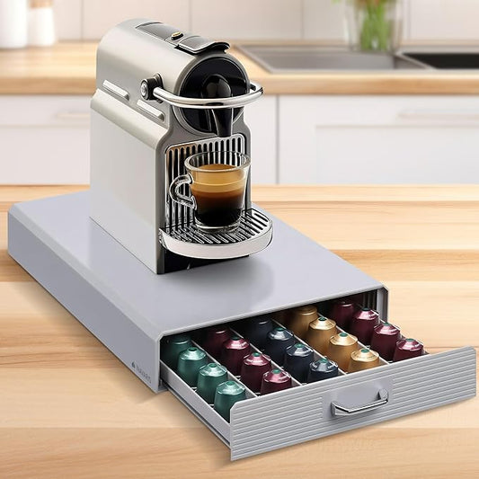 Navaris Coffee Pod Holder Drawer - 50 Capsule Storage Organizer Tray Counter Container - Fits Standard Sizes of Pods and Capsules - 1 Drawer Design - Gray