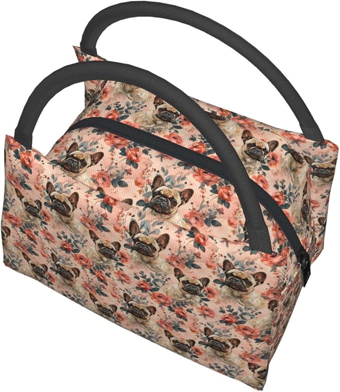 Cute French Bulldog with Floral Lunch Box for Women Girls Adults Insulated Adorable Dog and Rose Lunch Bag for Work Picnic Camping Travel Gifts Large Capacity Cooler Thermal Reusable Tote Makeup Bags