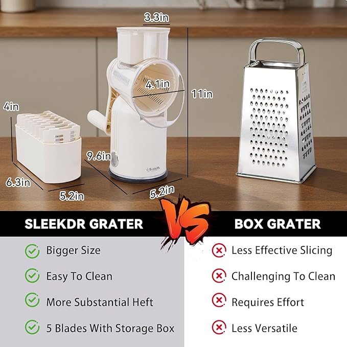 Rotary Cheese Grater with Handle – Includes 5 Stainless Blades and Feature Strong Suction Base – Easy to Clean, Cheese Shredder Hand Crank, Multi-Purpose Slicer (White)