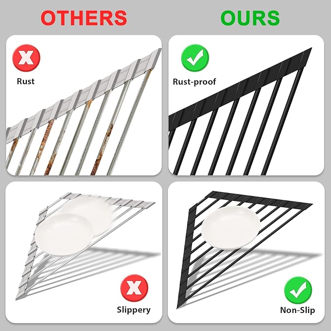 HANZENMA Triangular Sink Rack, Multi-Functional Rack Above the countertop, Foldable Sink Drying mat, Heat-Resistant, Non-Slip, and Rust-Proof Dish Rack (Black)