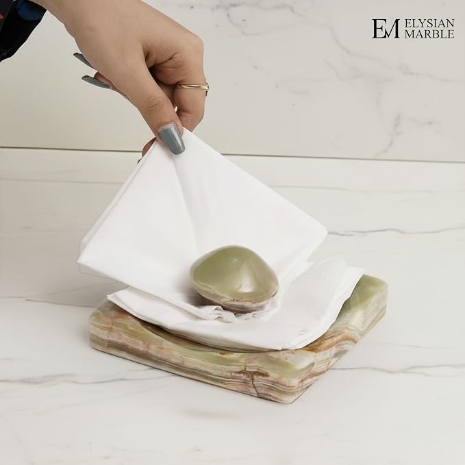 Marble Cocktail Napkin Holder with Weight, Modern Square Napkin Holder for Table, Decorative Heavy Napkin Holder for Indoor & Outdoor Dining, Kitchen & Coffee Table Decor - Green Onyx