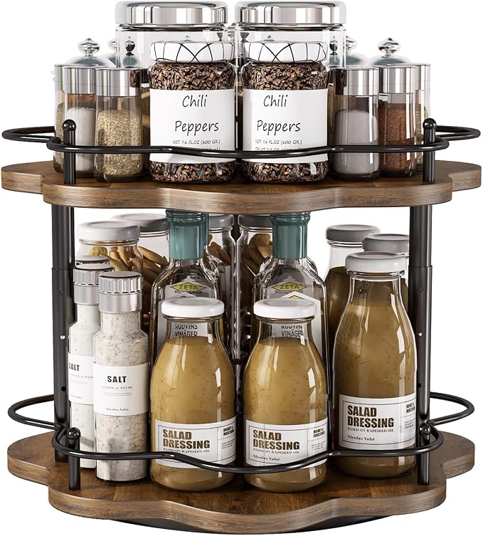 2 Tier Lazy Susan Organizer,2-Tier Spinning Spice Rack with Stable Carousel Base & 4 Height Settings for Cupboard Kitchen Countertop Dining Table Cupboard (Two-Ply(Petal Shape))
