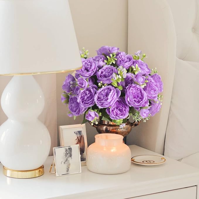 Artificial Peonies Silk Flowers, Purple Faux Peony Bouquet 4 Bundles Florals Arrangements Decor for Farmhouse Home Boho Wedding Table Centerpiece, Fake Plastic Flowers Bulk for Vase Decoration Purple