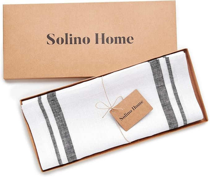 Solino Home Linen Table Runner 120 Inches Long - 100% Pure Linen Black and White French Stripe Table Runner 14 x 120 Inch for Dining, Summer