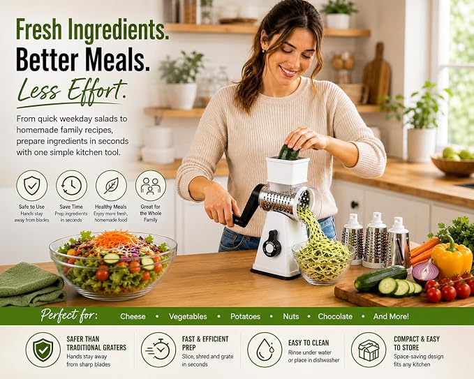 Rotary Cheese Grater with Handle, 3 Interchangeable Stainless Steel Blades, Manual Vegetable Slicer & Cheese Shredder, Hand Crank Grater for Cheese, Potato, Carrot, Cucumber, Nuts & Chocolate, White