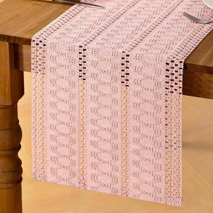 MLMC Pink Boho Table Runner Farmhouse Macrame Woven Table Runner 36 inch Long Rustic Cotton Linen Blend Table Decor for Dinning Kitchen Wedding Bridal Shower Eveyrday Use 12x36 Inch