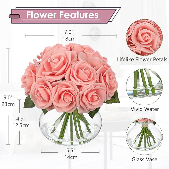 Hollyone Pink Roses Artificial Flowers in Vase Silk Fake Rose Bouquet Flowers Floral Arrangements with Glass Vase with Faux Water for Home Bathroom Office Table Centerpiece Shelf Decorations