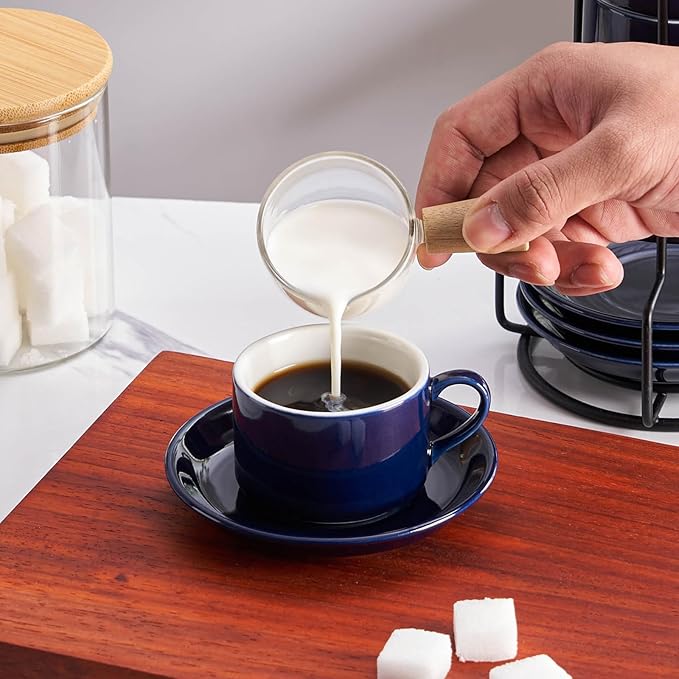2.5oz Espresso Cups Set of 4, Porcelain Stackable Espresso Cups with Saucers and Metal Stand Set, Blue Expresso Shots Cup Set