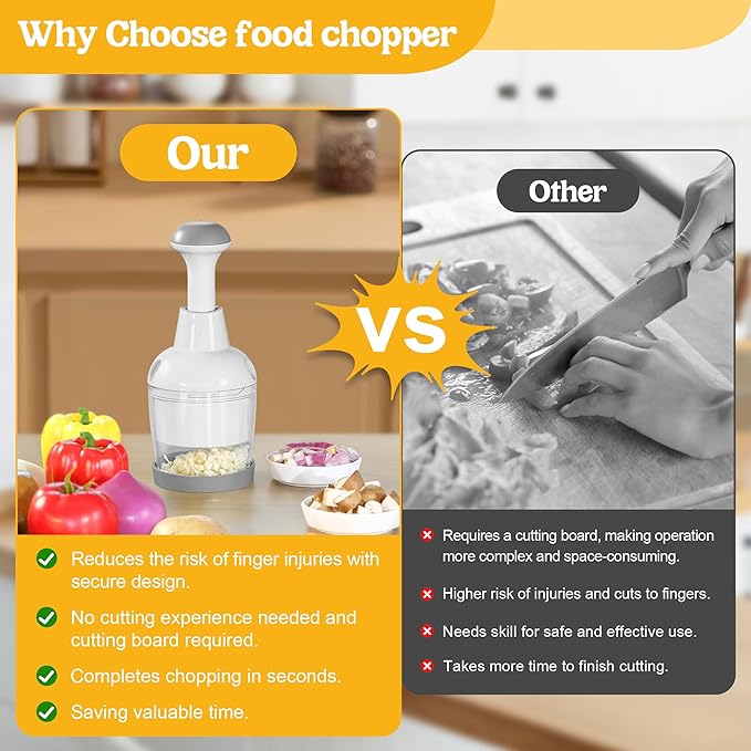 Food Chopper, Vegetable Chopper with Container, Onion Chopper Vegetable Cutter, Manual Veggie Chop Handheld Food Chopper for Garlic, Nut, Stainless Steel Blades, Dishwasher Safe, Easy to Clean, White