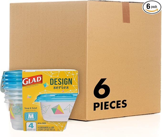 Glad GladWare Design Series Food Storage Containers with Lids, Medium Rectangle BPA Free Plastic for Meal Prep and Lunches, Tight Seal, Microwave and Dishwasher Safe, 24 Oz, 4 Count - 6 Pack