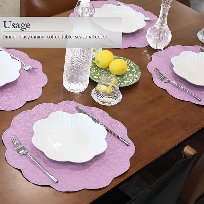 AHHFSMEI Round Faux Linen Placemats Set of 6 Heat Resistant Non-Slip Stain Proof Table Mats for Kitchen Dining Elegant Decor Place Mats (6, Purple)