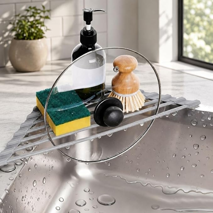 Credon Triangle Roll Up Dish Drying Rack Over The Sink, Triangular Sink Rack, Sink Corner Foldable Silicone Coated Stainless, Anti-Slip Organizer for Kitchen, Heat-Resistant, Non-Slip (Grey)