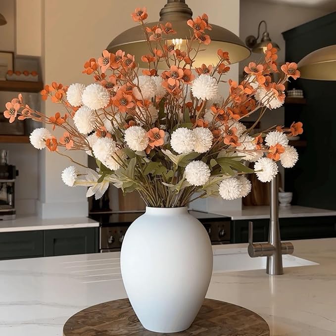 SilkSerenade White Silk Kiku Flower Arrangements with Eucalyptus & Umber Wild Flowers for Home Decor, Fake Flores Long Orange Tall Mums Earthy Rust Stems Artificial Floral Kitchen Dining Centerpieces
