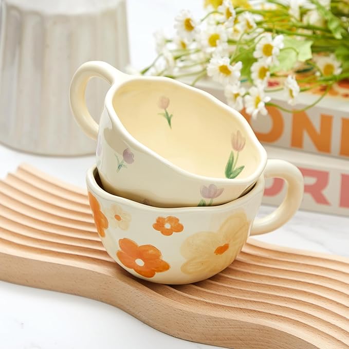 Vesici 2 Pcs Ceramic Coffee Mugs with Spoon, Vintage Floral Spring Mugs with Handle, 8.5 oz Aesthetic Flower Porcelain Tea Cup Set, Dishwasher & Microwave Safe Mothers Day Gifts for Mom(Charming)