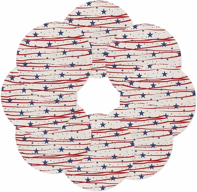 4th of July Round Placemats Set of 8 Patriotic Stars Place Mats Independence Day Woven Placemat Freedom Red Stripes Circle Braided Table Mat for Kitchen Dining Table Holiday Party Decor 15 Inch