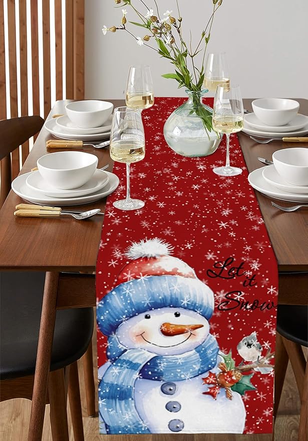 Snowman Christmas Table Runner - 90 Inch Long, Red Xmas Winter Snowflake Dining Table Runner Dresser Scarves, Rustic Let Snow Bird Christmas Decor for Coffee Table Wedding Party Banquet, 13x90 in