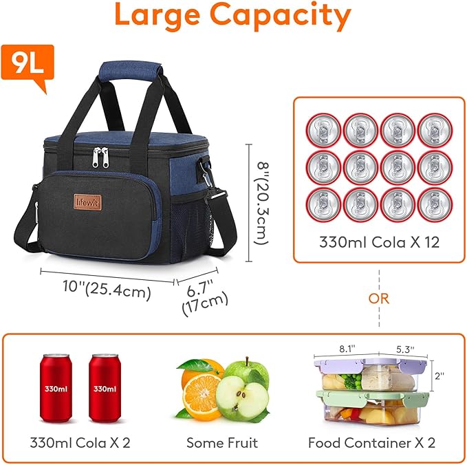Lifewit Medium Lunch Bag, Insulated Lunch Box, Soft Cooler Cooling Tote for Adult Men Women, Black and Green 12-Can (9L)