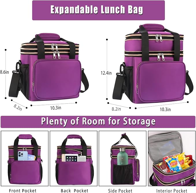 GLENKEY Tactical Lunch Box Cooler Bag - Expandable Insulated Lunch Bag for Men Women - Large Lunchbox for Adults Work Shifts Outdoor Trips Purple 16L