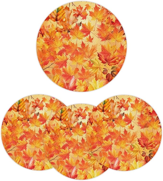 Round Placemats Set of 6, Autumn Maple Leaves Woven Placemats Mats Non-Slip Heat Resistant Washable Table Mats Round Braided Place for Farmhouse Kitchen Dining Party Decor 15in-2
