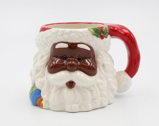 Fine Ceramic Christmas Holidays African American Mr. & Mrs. Santa Claus Mug Set of 2 (2 Pieces Set), 5-3/4'' L, Red, White, Brown, 5.75'' * 4.25'' * 4'', 5.50'' * 4'' * 4.25''