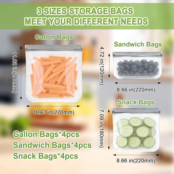 12 Pack Silicone Bags for Food Storage,Reusable Silicone Food Storage Bags,Freezer, Microwave & Dishwasher Safe,Reusable Freezer Food Bags, Leakproof-4 Gallon 4 Snack 4 Sandwich Bags,Grey