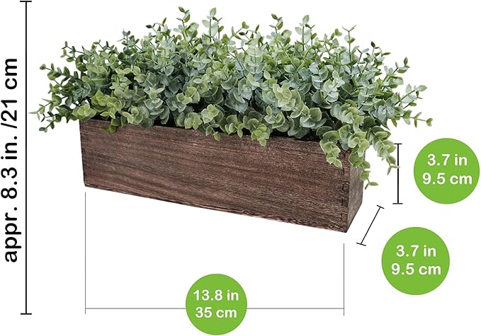 Winlyn 14" Artificial Eucalyptus in Rectangular Wood Planter Box Faux Plants Arrangement Centerpiece Wooden Potted Eucalyptus Plant for Farmhouse Wedding Dining Table Centerpiece Greenery Mantel Décor
