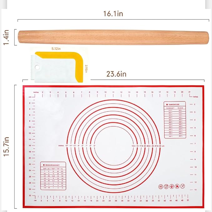 3-Piece Set,French Wooden Rolling Pin,Silicone Baking Mat,Dough scraper | 16 Inches Beechwood rolling pin,Dough Roller for Cookie,Fondant,Pizza Pie Crust, Pastry,