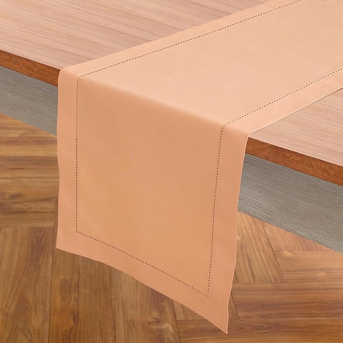 Solino Home Cotton Linen Table Runner 60 Inches - Peach Bloom Hemstitch Table Runner 14 x 60 Inch Ideal for Dresser and Coffee Tables, Spring, Summer