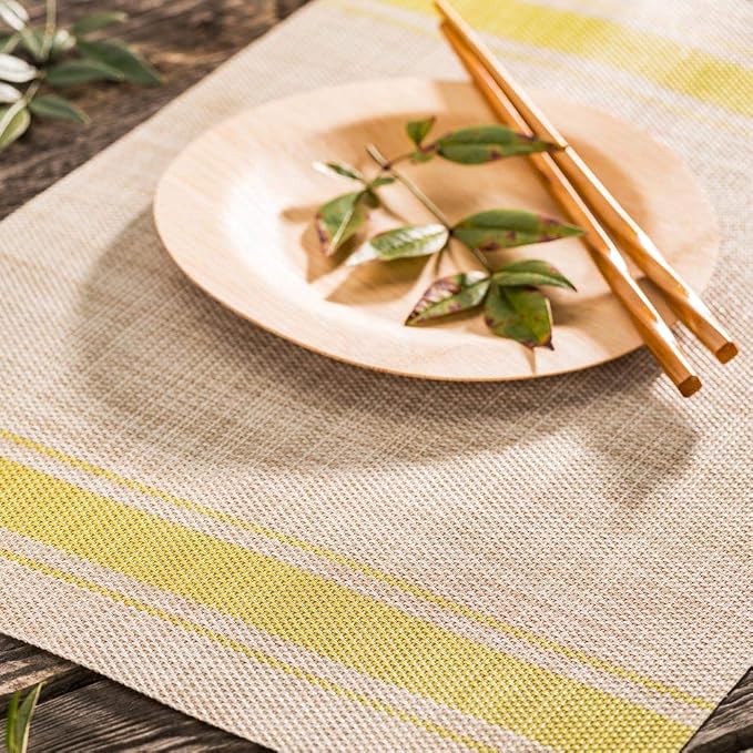Restaurantware French Countryside 16 x 12 Inch Dining Table Placemats Set Of 6 Heat-Tolerant Kitchen Table Mats - Pear Stripe No Stain Khaki Vinyl Woven Rectangle Placemats Easy To Clean