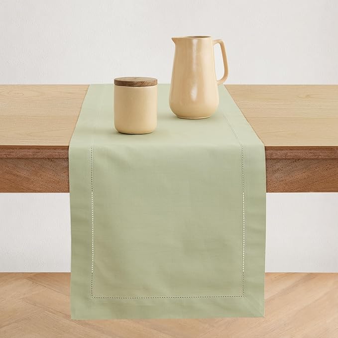 Solino Home Sage Table Runner 108 Inches Long - Cotton Linen Hemstitch 14 x 108 Inch Table Runner for Dining, Spring, Summer