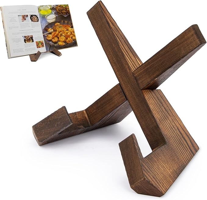 PUERSI Cookbook Stand for Kitchen, Recipe Book Holder for Kitchen Counter, Wooden Cookbook Holder, Rustic Cook Book Holder Stand - Rustic Brown - 1 Set