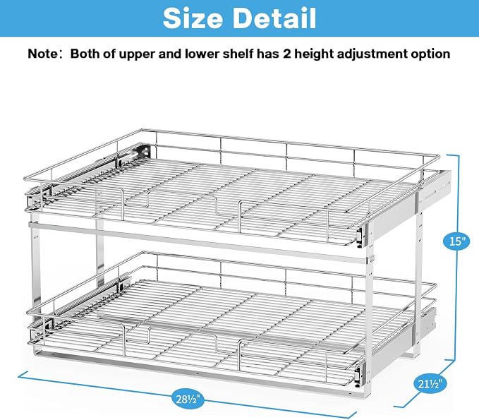 LOVMOR Individual Pull Out Cabinet Organizer, 2 Tier Slide Out Cabinet Drawers, Pots and Pans Organizer and Storage Pantry Shelf for Kitchen (28½" W x 21½" D)