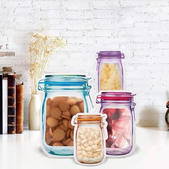 20 Mason Jar Bottles Bags Reusable Snack Bags Food Storage Bags Zipper Sealed Sandwich Bags Snack Storage Food Saver Bags for Nuts Cookies Freezer Safe