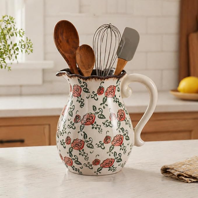 Utensil Holder,Stylish Vintage Ceramic Vase,8.3 Inch Hand-Painted Roses with Ice Crackle Glaze Finish,American Farmhouse Style Pitcher Vase for Home Décor Kitchen Island