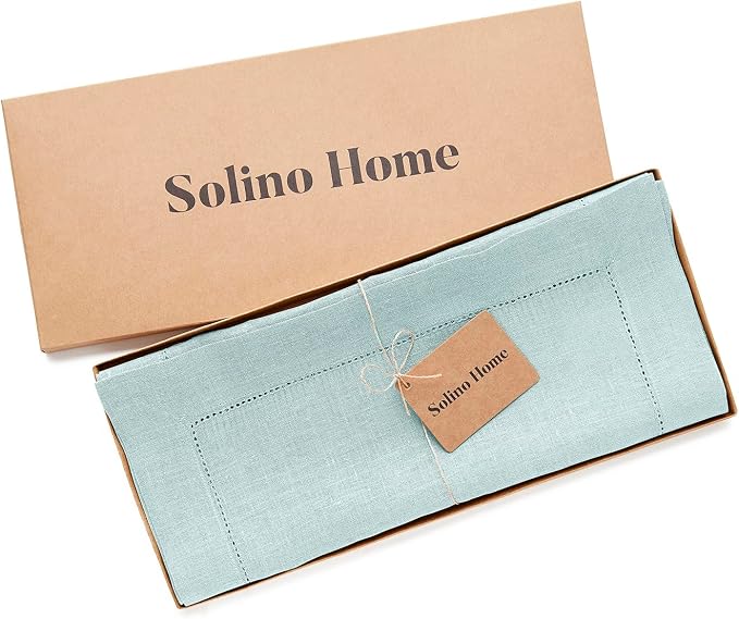 Solino Home Linen Aqua Blue Table Runner 120 Inches Long - 100% Pure Linen Hemstitch 14 x 120 Inch Table Runner for Dining, Summer - Classic Hemstitch