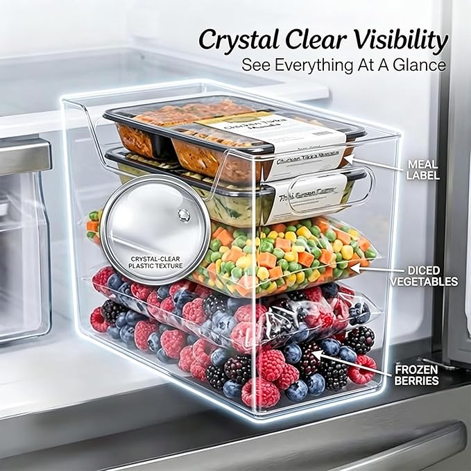 Clear Freezer Storage Bins, 4 Pack Clear Plastic Bins for Refrigerator and Pantry, Stackable Kitchen Cabinet Organizer with Handles for Kitchen, Office, Closet, Freezer organization(B-2L+2S)