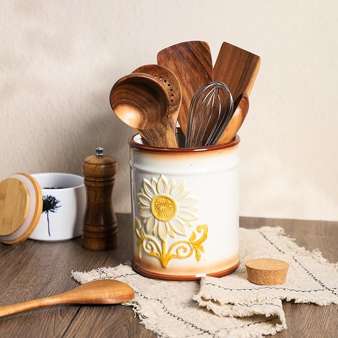 Retro Ceramic Sunflower Embossed Pattern Kitchen Utensil Holder, Large Cooking Utensil Crocks for Kitchen Countertop, Sunflower Utensil Organizer