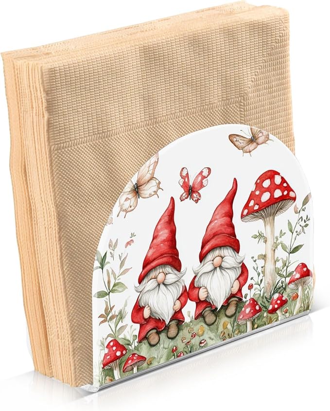 Fustylead Cute Red Gnomes with Mushroom Butterflies Napkin Holder for Table Acrylic Cocktail Napkin Holders Small Decorative Napkin Dispenser for Home Party Holiday Dining Kitchen Accessories