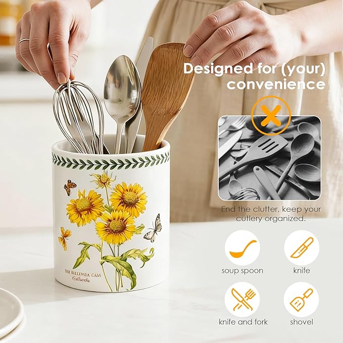 ACMLIFE Kitchen Utensil Holder Extra Large, 7.3" Cooking Utensil Holder, Ceramic Kitchen Organizer Counter, Fruit Basket, Vase, Ice Bucket for Parties, Gift & Dinning Decor, Chrismas (Sunflower)