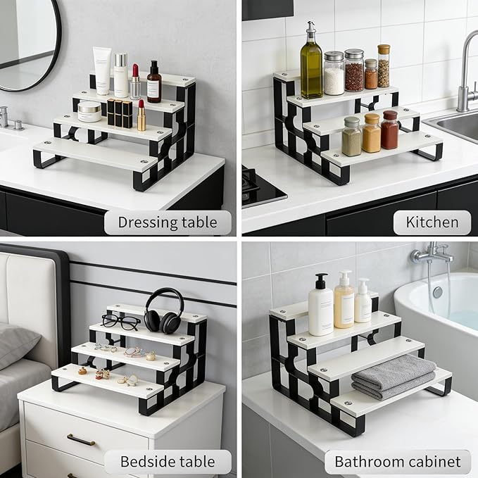 GRELY 4 Tier Perfume Organizer for Women, Makeup Display Stand Holder, Wooden Bathroom/Vanity Shelf, Lipstick & Skincare Storage, Valentine's Day Gift for Her (White, 14")