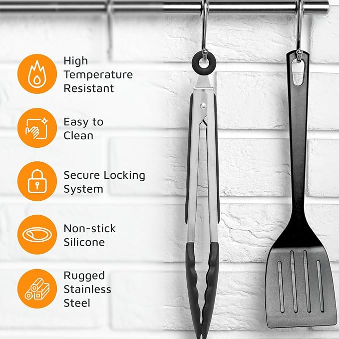 Popco 3-Piece Kitchen Tongs Set – Stainless Steel Heat Resistant Silicone Tips, Strong Comfort Grip, 3 Sizes (7, 9, 12 Inch), Non-Scratch, Dishwasher Safe, For Cooking, BBQ, Salad